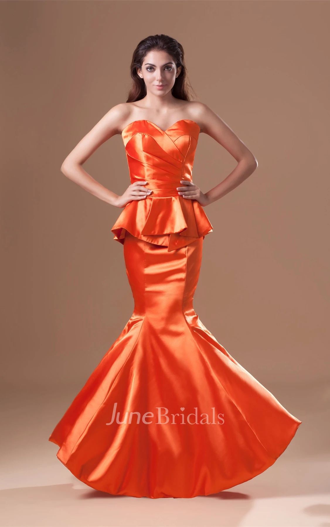 satin mermaid sweetheart gown with pleats and peplum