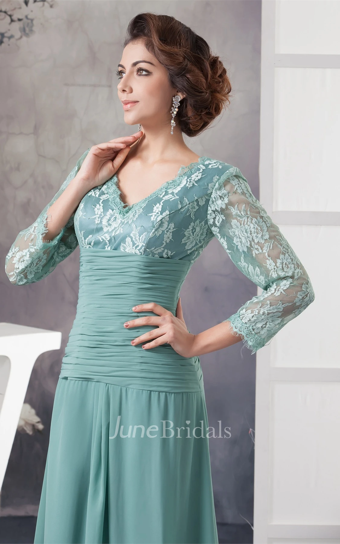V-Neck Appliqued Chiffon Long Dress with Illusion Neckline
