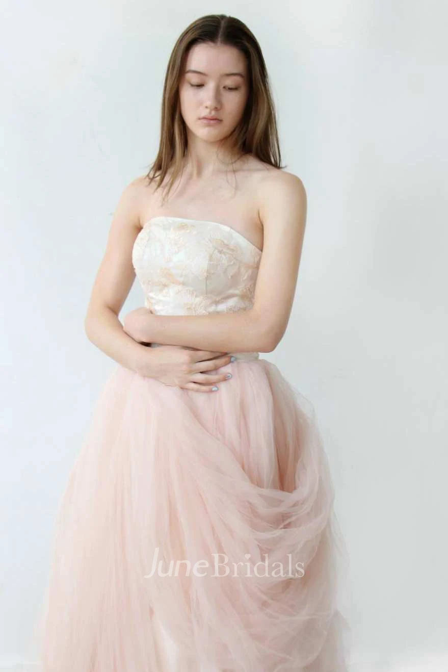 Strapless Tulle Pick Up A-Line Dress With Embroidered Top