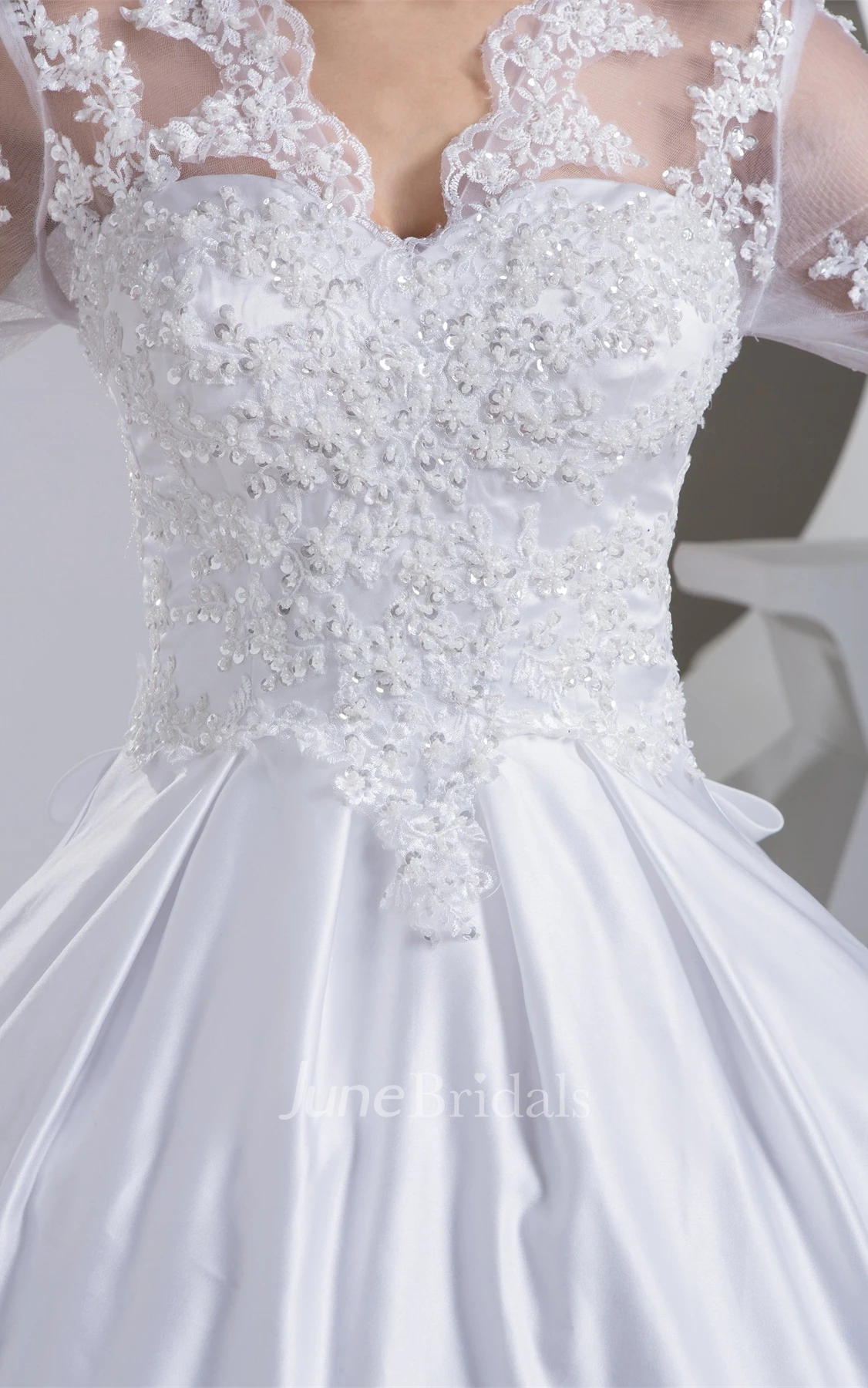 Scalloped-Neck Long-Sleeve Beaded Ball Gown with Illusion