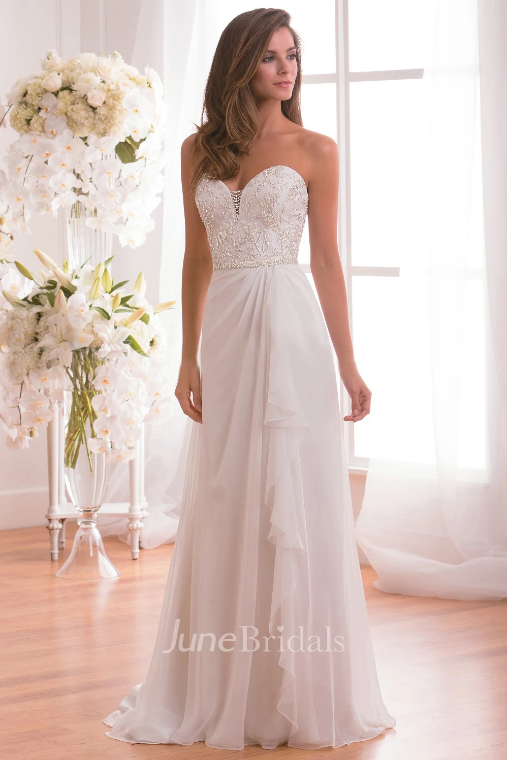 Ruffled Sequined Sweetheart Long Wedding Dress