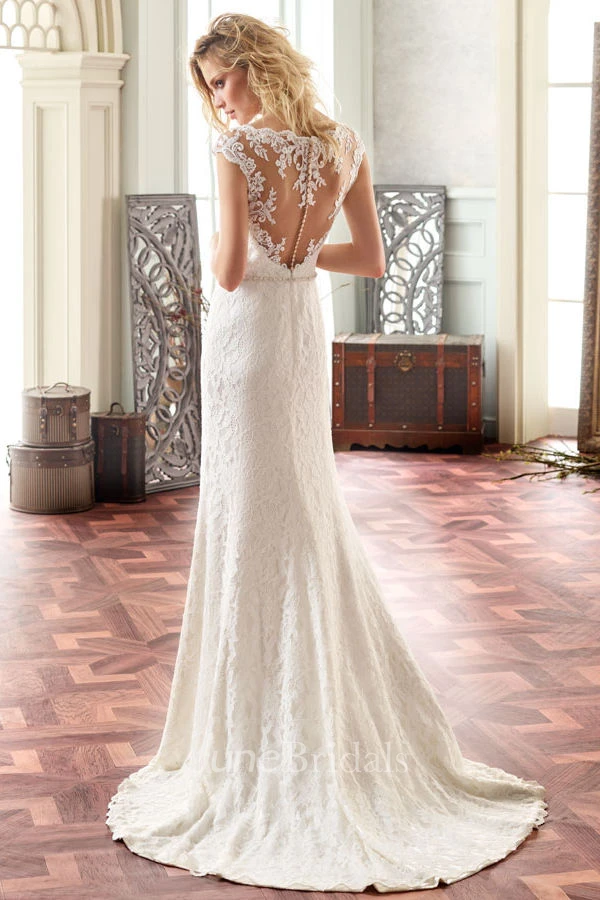 Square Long Split-Front Lace Wedding Dress With Sweep Train And Illusion