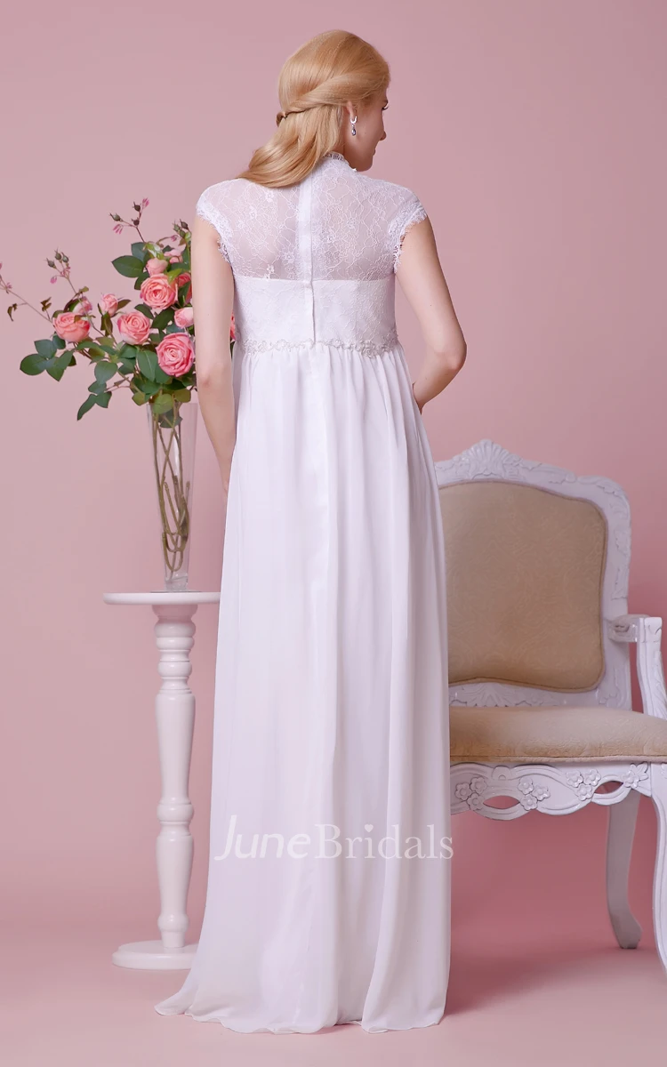 Cap-sleeved A-line Chiffon Maternity Wedding Dress With Lace Bodice and Waist