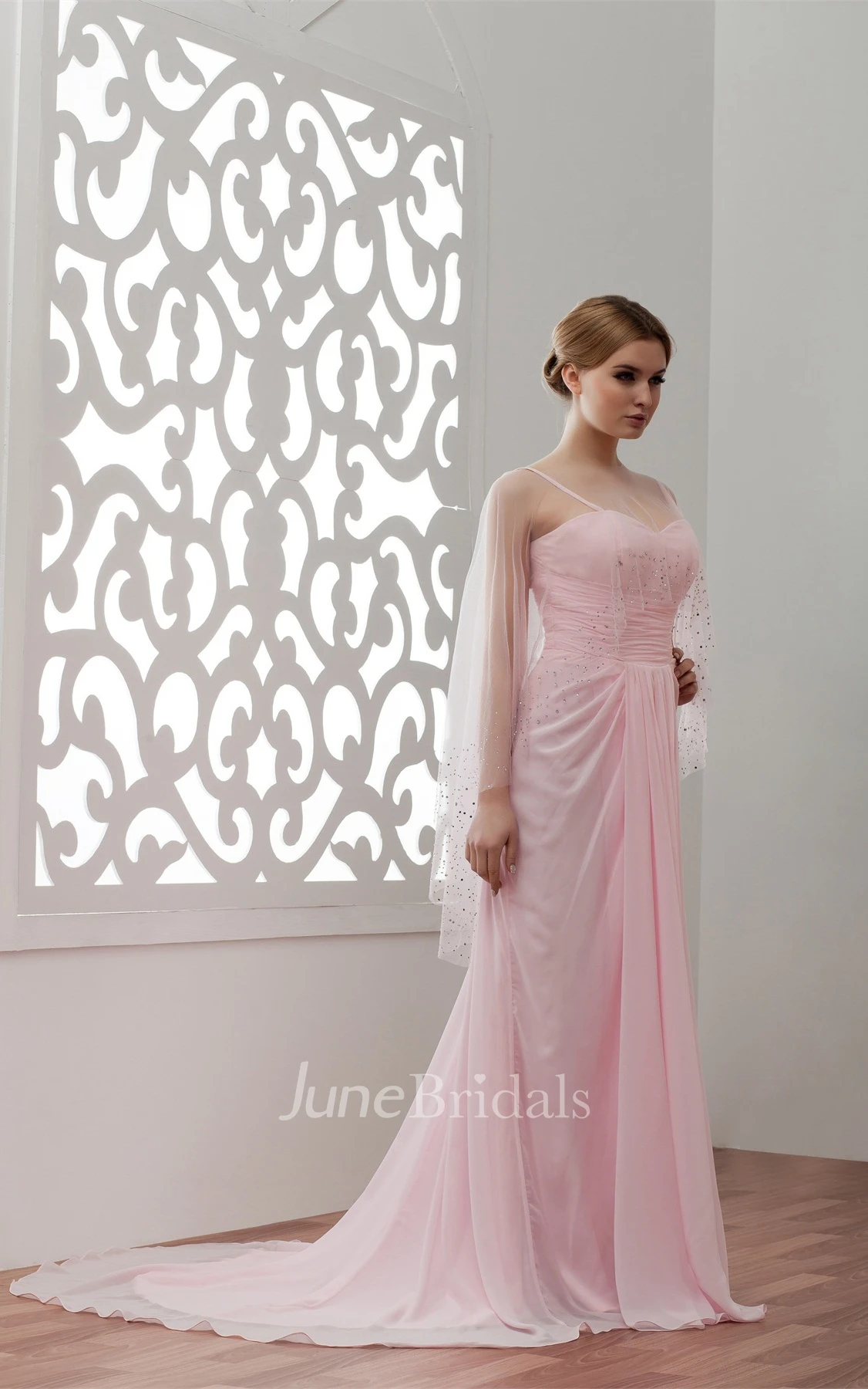 Spaghetti-Strap Chiffon Long Dress with Pleats and Sweep Train