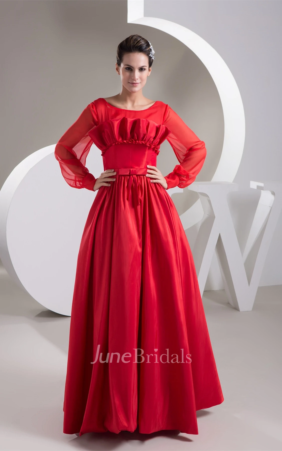 Long-Sleeve Floor-Length A-Line Gown with Bow and Pleats
