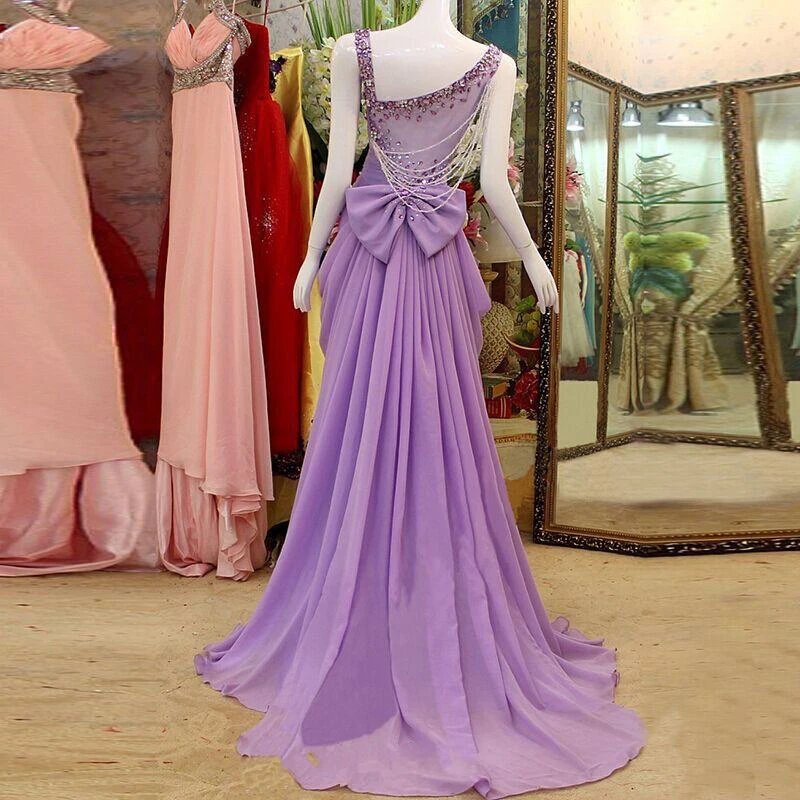 Glamorous Chiffon Beadings Straps Evening Dress Bowknot Sweep Train