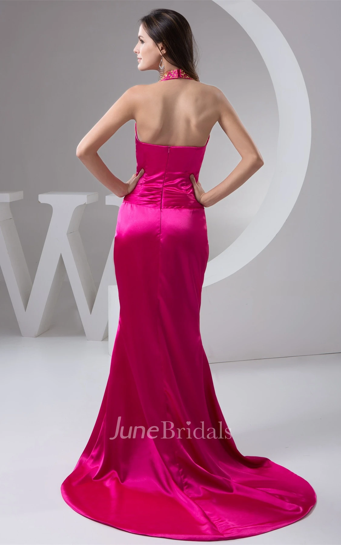 Satin Plunged Front-Split Gown with Broach and Beading