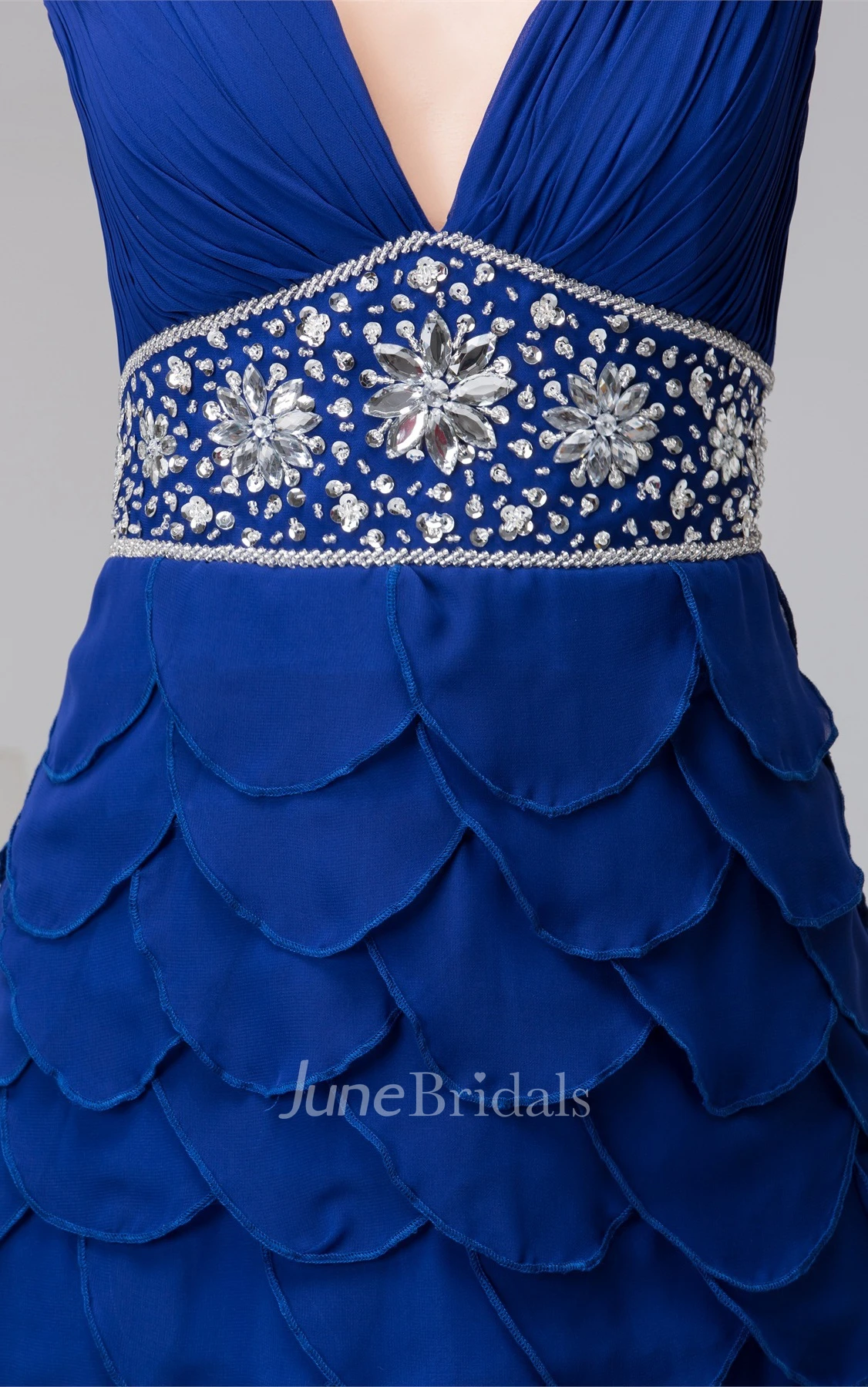 Plunged Spaghetti-Strap Floor-Length Dress with Layers and Beaded Waist