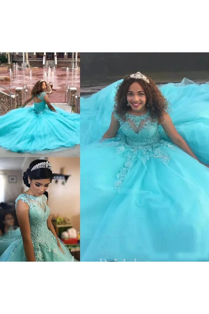 Ball Gown Bateau Short Sleeve Lace Tulle Dress