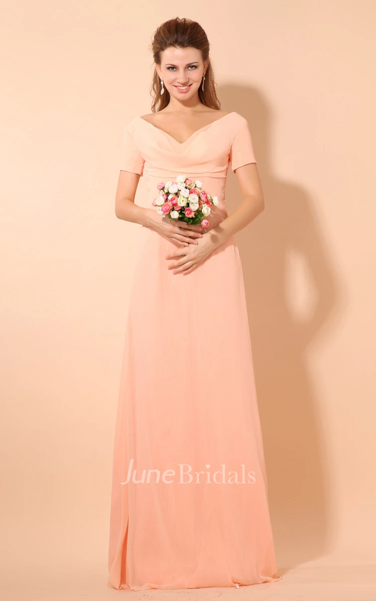 Chiffon Plunged Maxi V-Neck Short-Sleeve Dress With Pleating