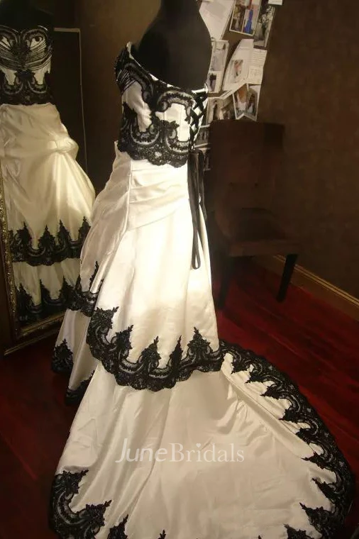 A-Line Straps Taffeta Lace Floor-length Chapel Train Sleeveless Wedding Dress with Corset Back