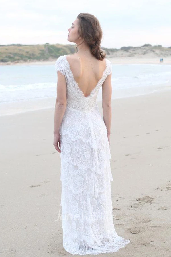 Plunged Sheath Cap-Sleeve Tired Boho Style Wedding Dress And Deep-V Back