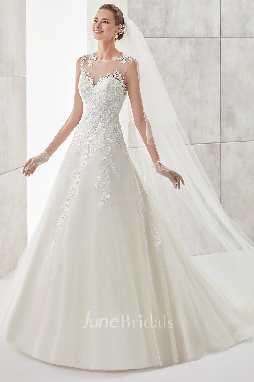 Jewel-Neck Illusive A-Line Wedding Dress With Lace Appliques And Open Back