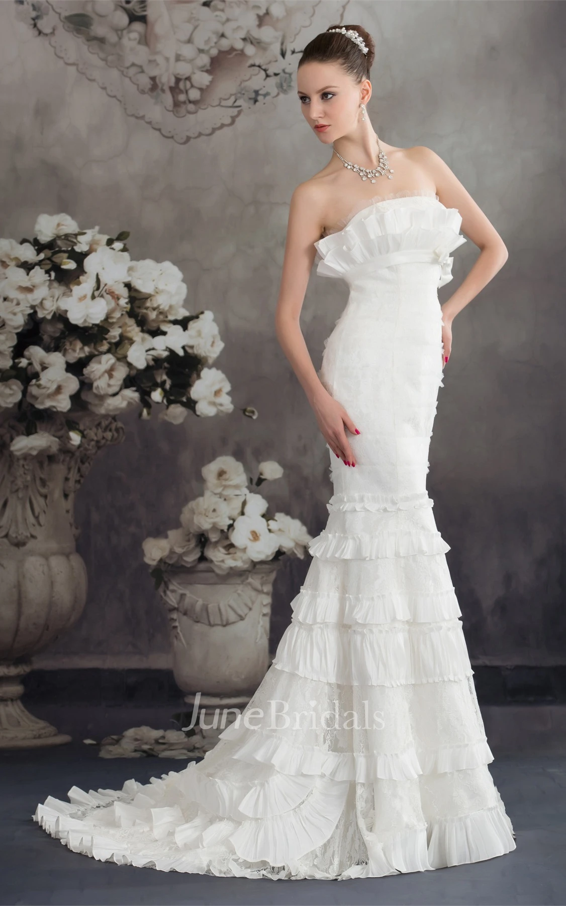 Strapless Ruched Appliqued Dress with Trumpet Silhouette