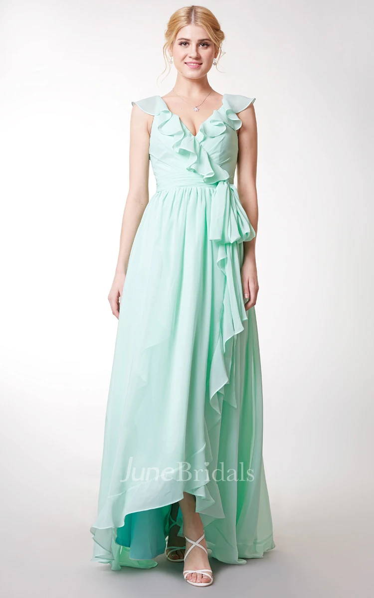 Cap-sleeved Asymmetric Ruffled Long Chiffon Dress With Sash