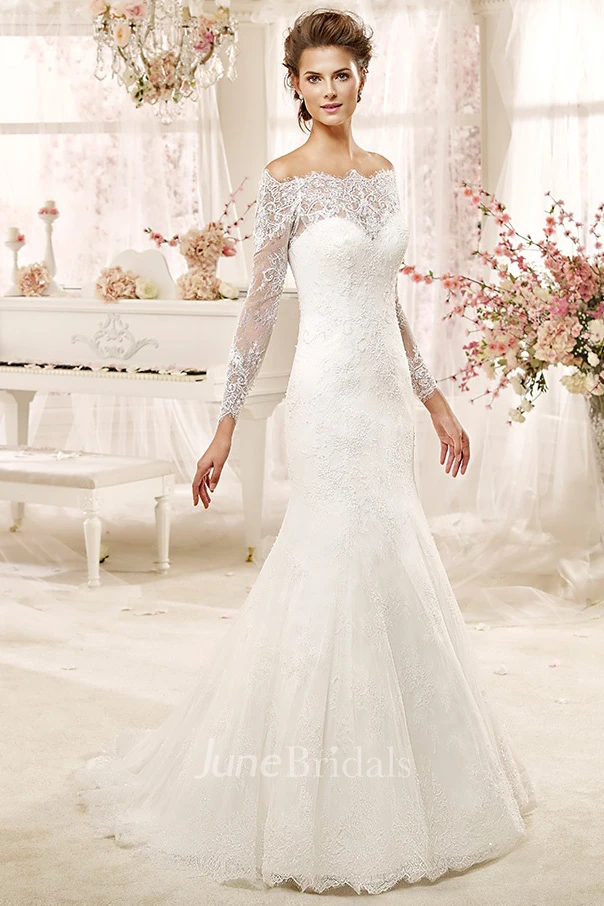 Off-shoulder Sheath Wedding Dress with Long Sleeves and Illusive Design