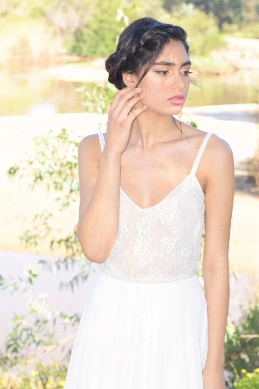 Spaghetti Chiffon Pleated Backless Ankle-Length Dress With Lace Top