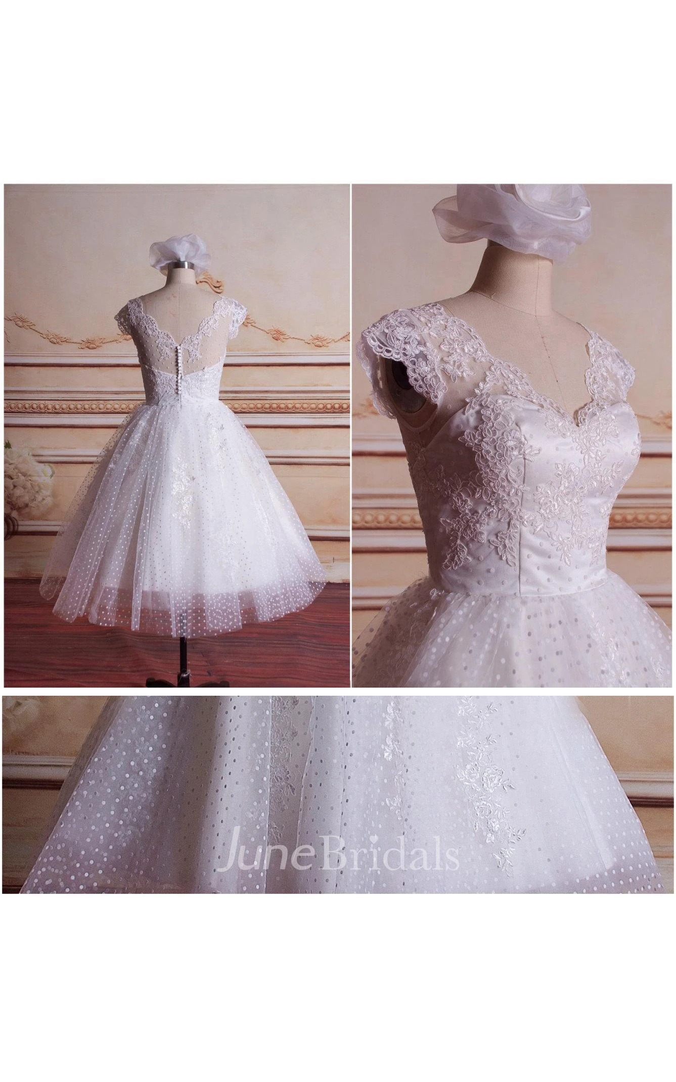 Ball Gown Tea-Length Tulle Lace Satin Weddig Dress