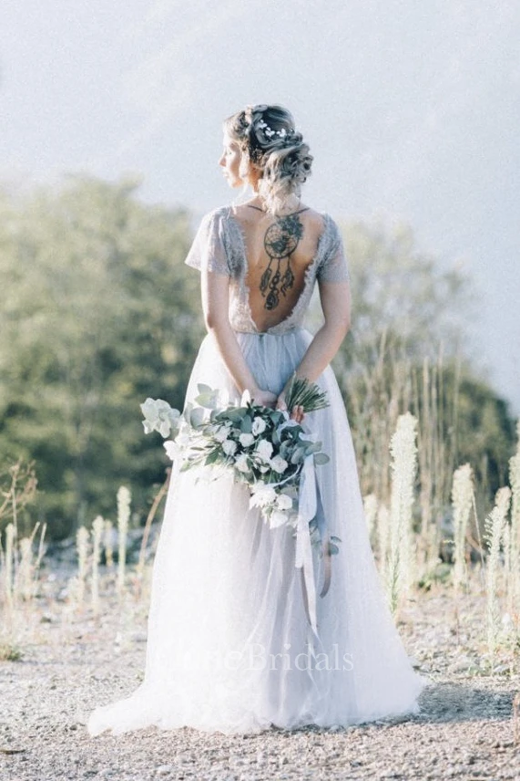 Simple Tulle Boho Open Back Wedding Dress With Lace Appliques