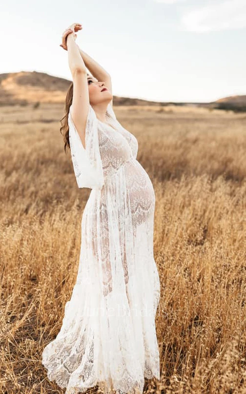 Simple Sexy Beach Long Sleeves Boho Lace Winter Wedding Dress Elegant Casual Maternity A-Line V-Neck Gown with Deep-V Back