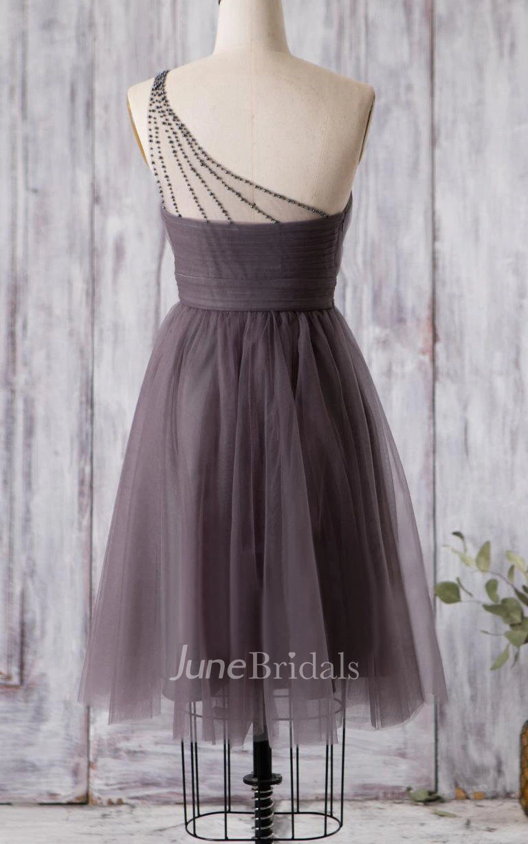 Beaded Single Strap Sweetheart A-line Pleated Tulle Knee Length Dress