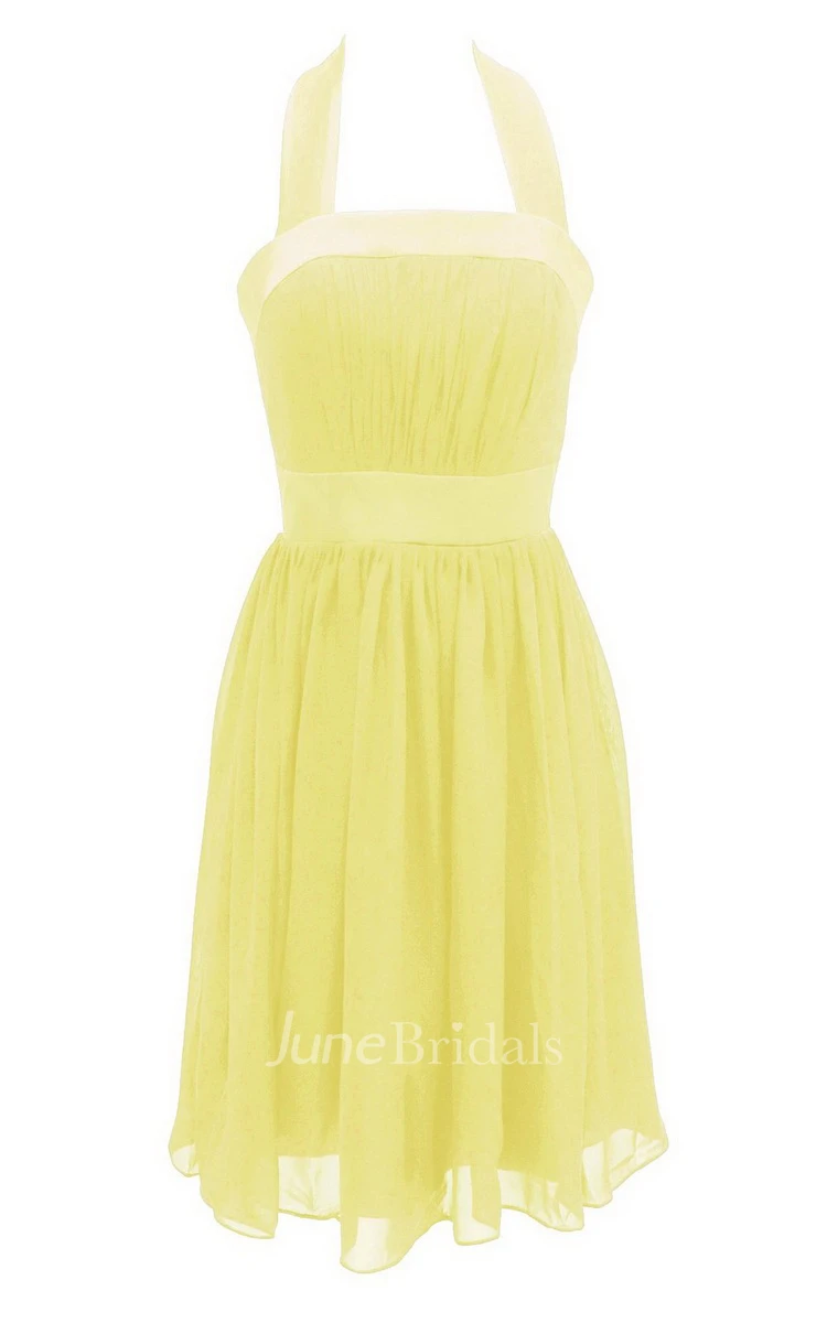Halter Pleated Chiffon A-line Gown With Satin Band