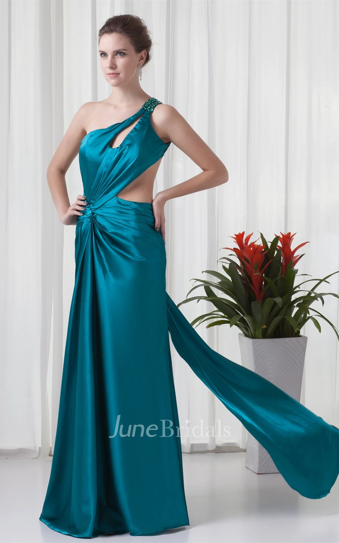One-Shoulder Satin Maxi Dress with Keyhole and Epaulet