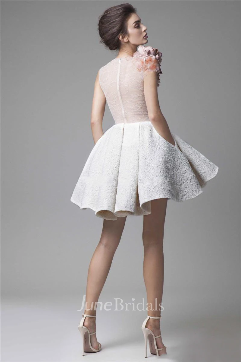 Jewel-Neck Lace Mini Skirt A-Line Sleeveless Prom Dress With Zipper Back