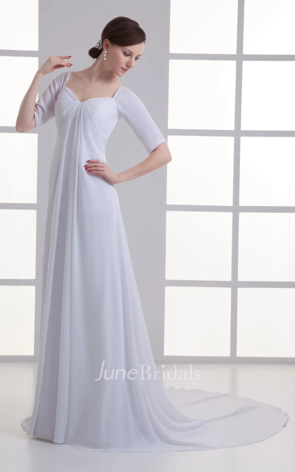 Short-Sleeve Empire Chiffon Maxi Dress with Draping and Sweep Train