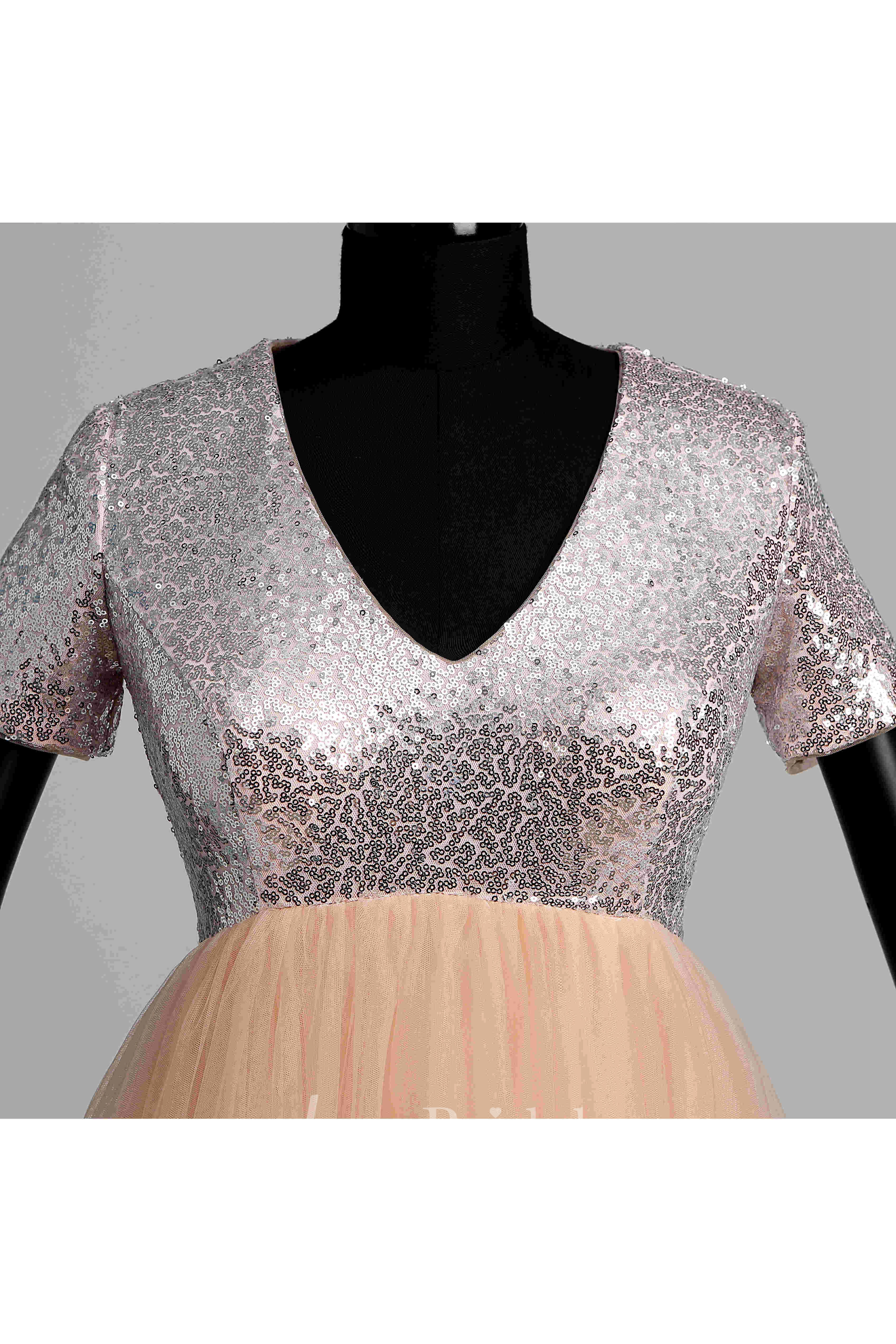 V-neck Short Sleeve Sequined Bodice Dress