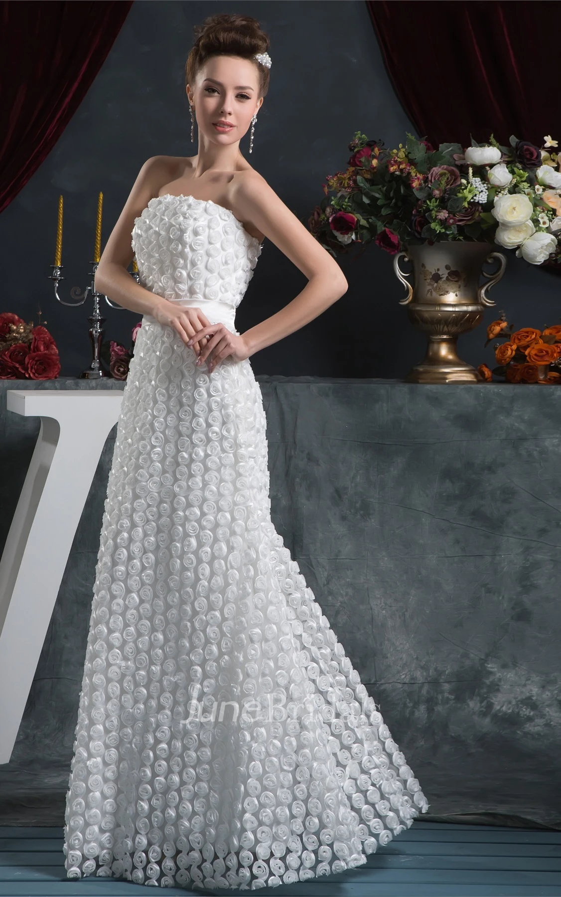 Floral Strapless A-Line Floor-Length Dress with Cinched Waist