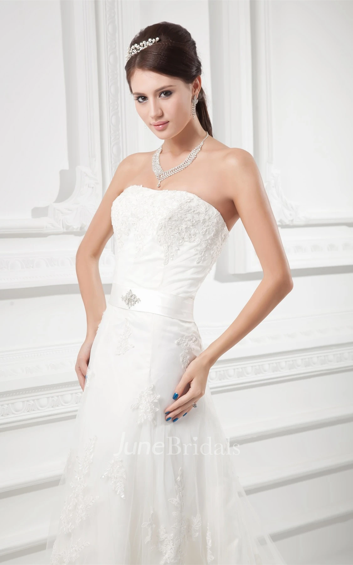 strapless maxi lace dress with court train and broach