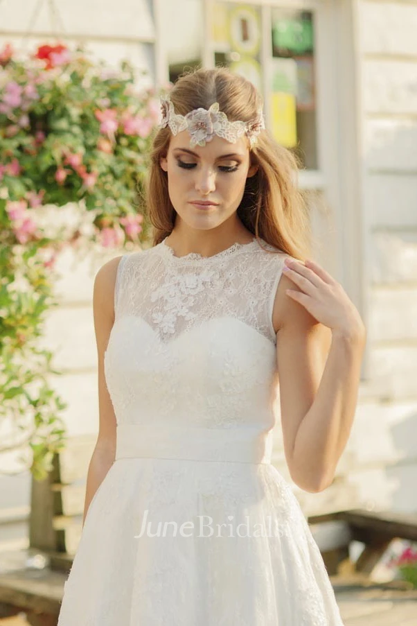 A-line Jewelry Neckline Illusion Sleeveless Knee-length Lace Wedding Dress