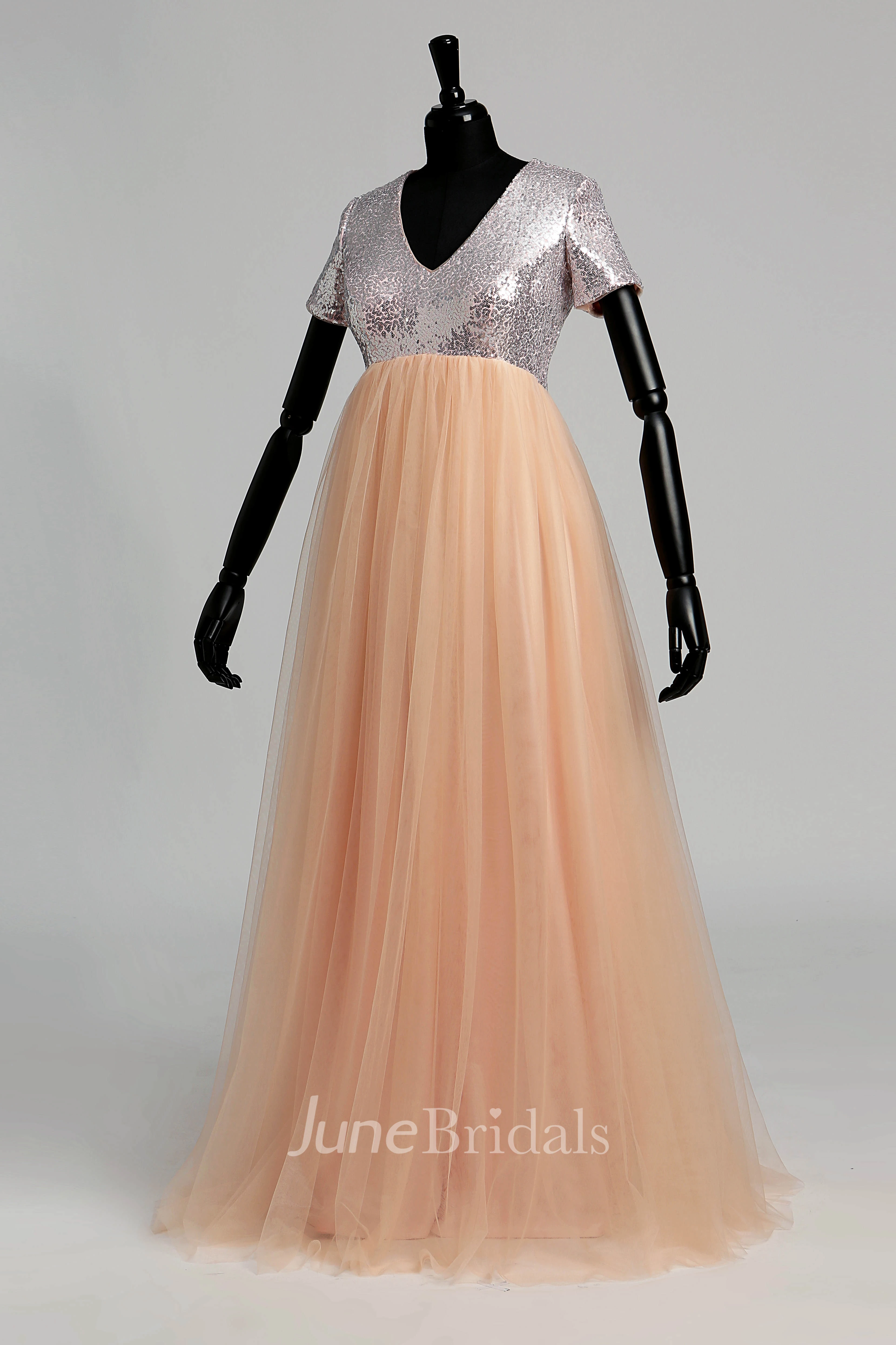 V-neck Short Sleeve Sequined Bodice Dress