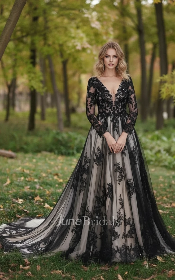 Gothic Long Sleeve Black Gown for Wedding A Line Boho Lace Deep-V Neck Flowy Bridal Dress