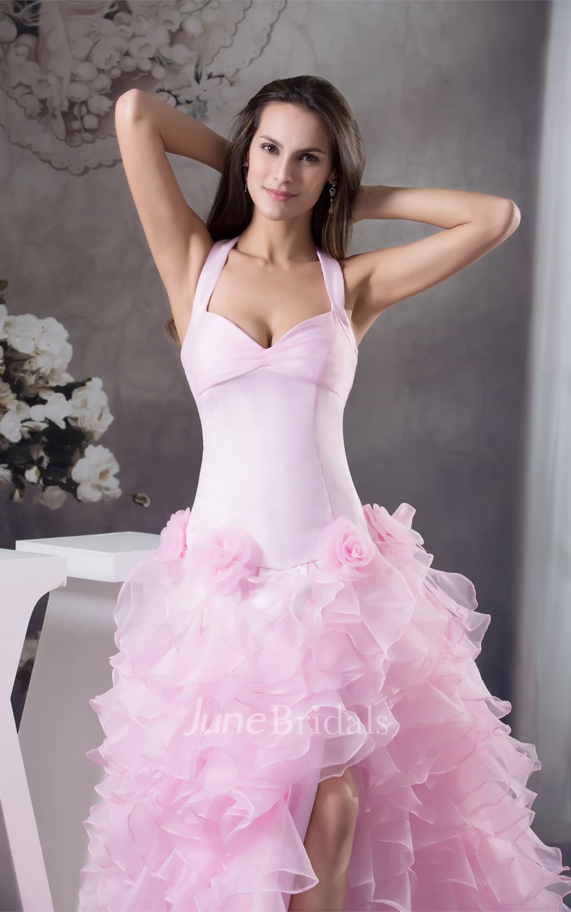 Pastel Front-Split Ruffled Dress with Flower and Halter