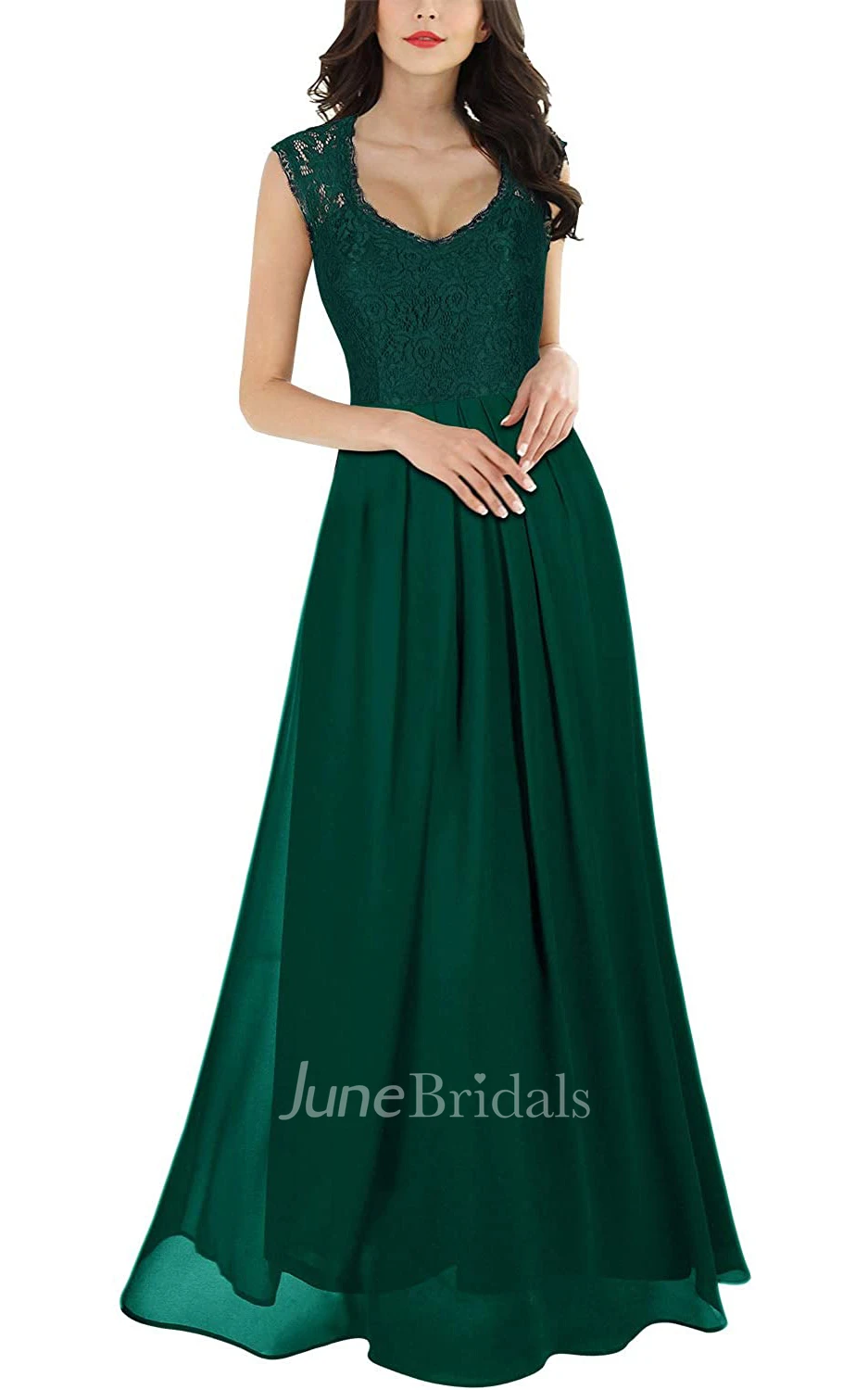 A Line Scalloped Chiffon Lace Sleeveless Evening Dress With Ruffles