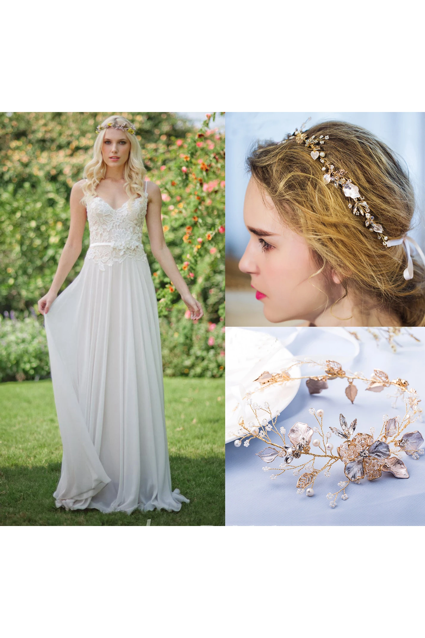 Chiffon Lace Weddig Dress With Beading Flower Lace-Up Back and Korean Gold Crystal Pearl Bridal Hair Accessories Headdress