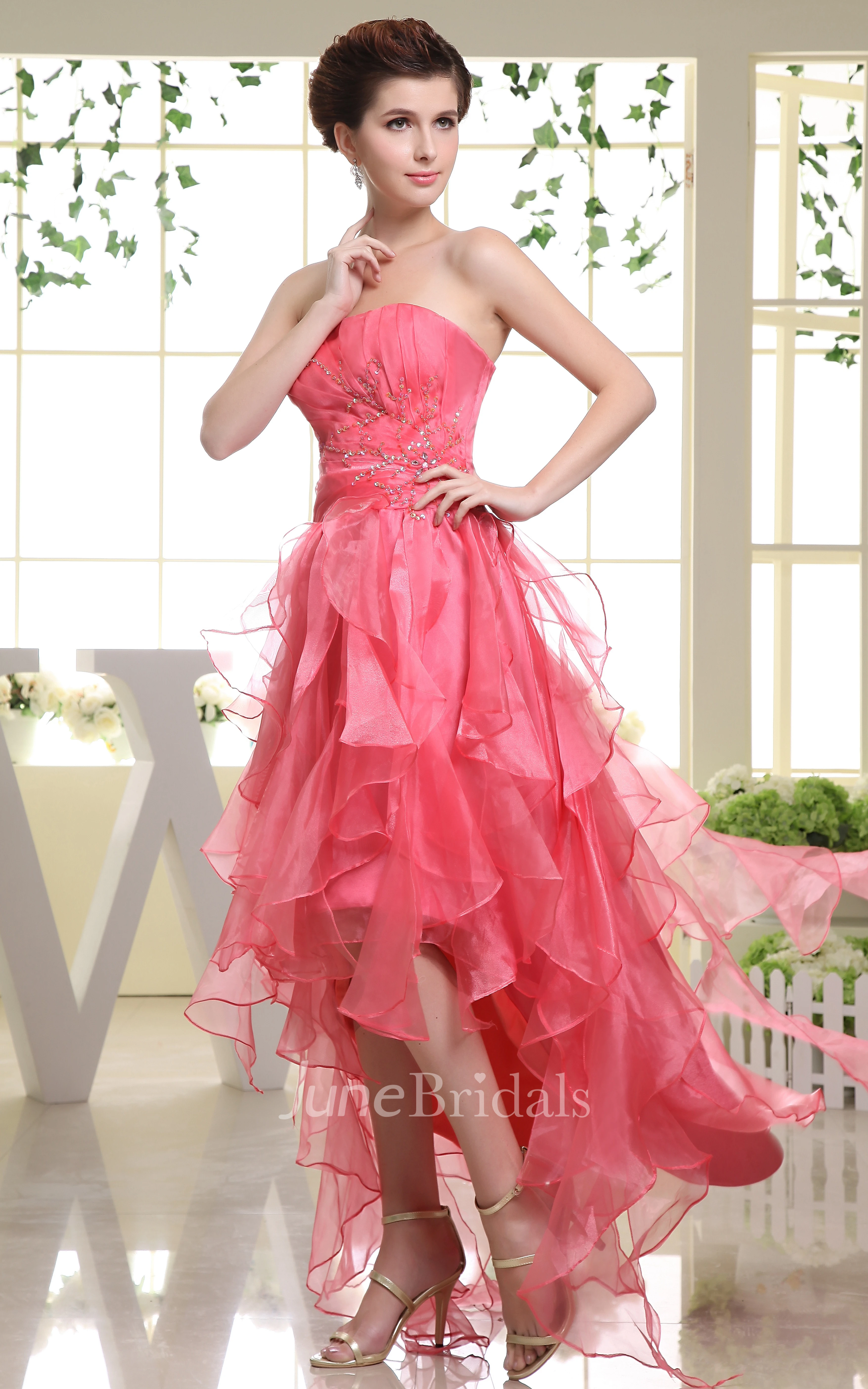 Strapless Organza High-Low Dress With Ruching and Ruffles