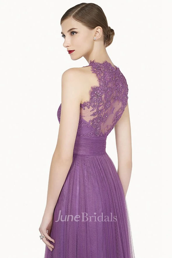 A-Line Bandage Formal High-Neckline Lace Long Dress