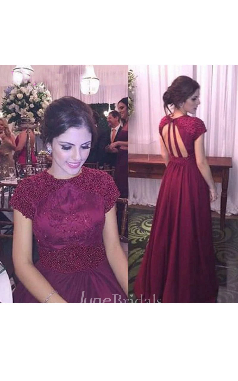 Cap-sleeved A-line Long Dress with Keyholes