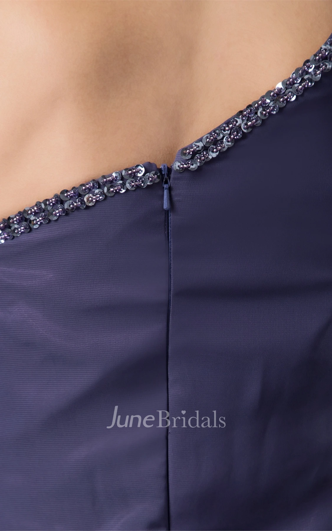 One-Shoulder Chiffon Knee-Length Dress with Beading and Draping