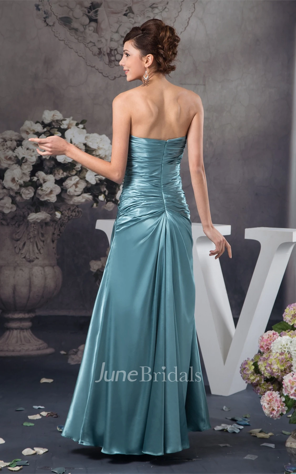 Strapless Criss-Cross Floor-Length Gown with Flower