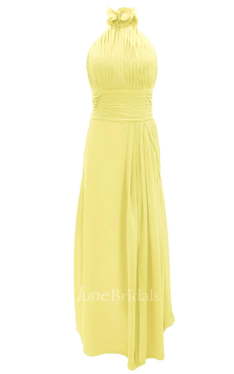 Floral Halter Pleated A-line Gown With Ruched Band