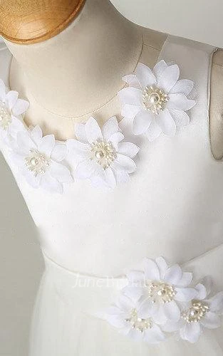 Flower Jewel Neckline Tulle&Satin Dress With Beading and Flower