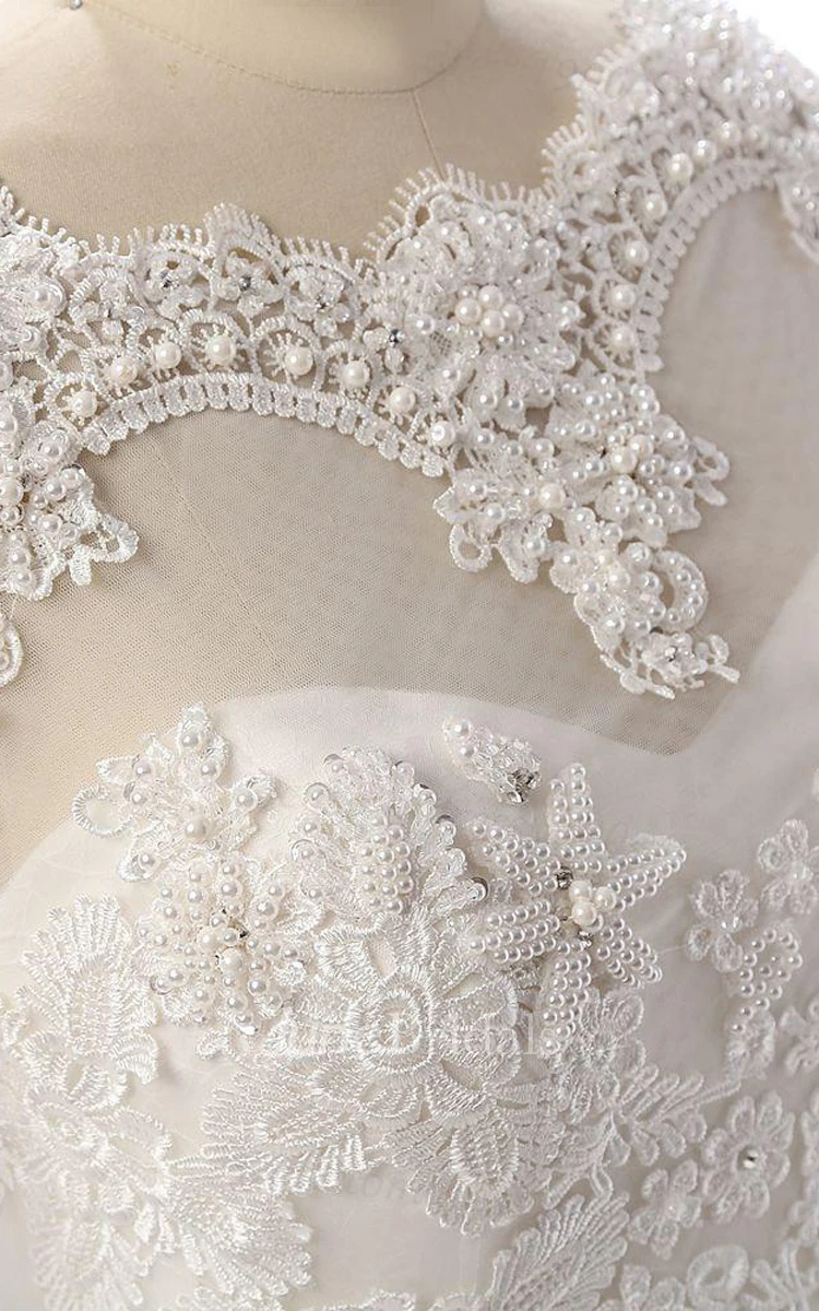 Ball Gown Long Sleeve Tulle Lace Dress With Beading Illusion