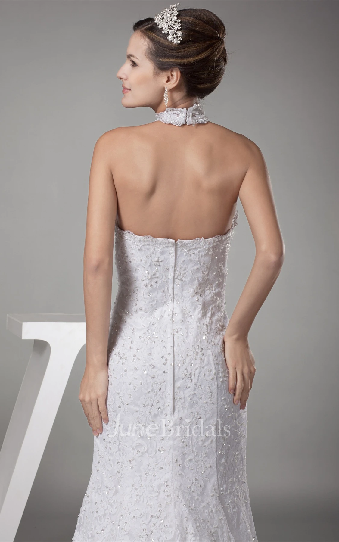 Graceful High-Neck Backless A-Line Dress with Beading and Appliques