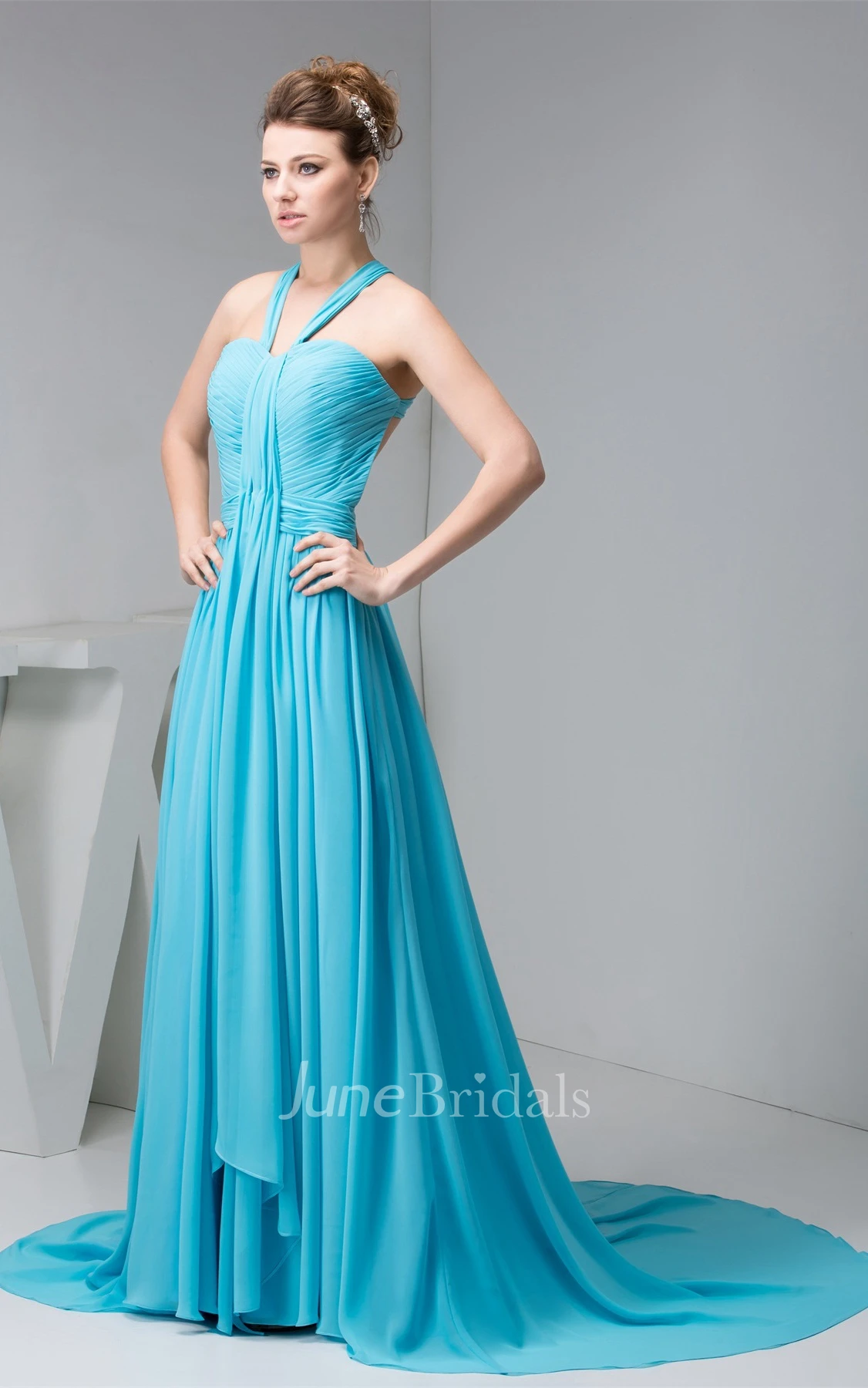 Sleeveless Criss-Cross Chiffon Dress with Pleats and Halter