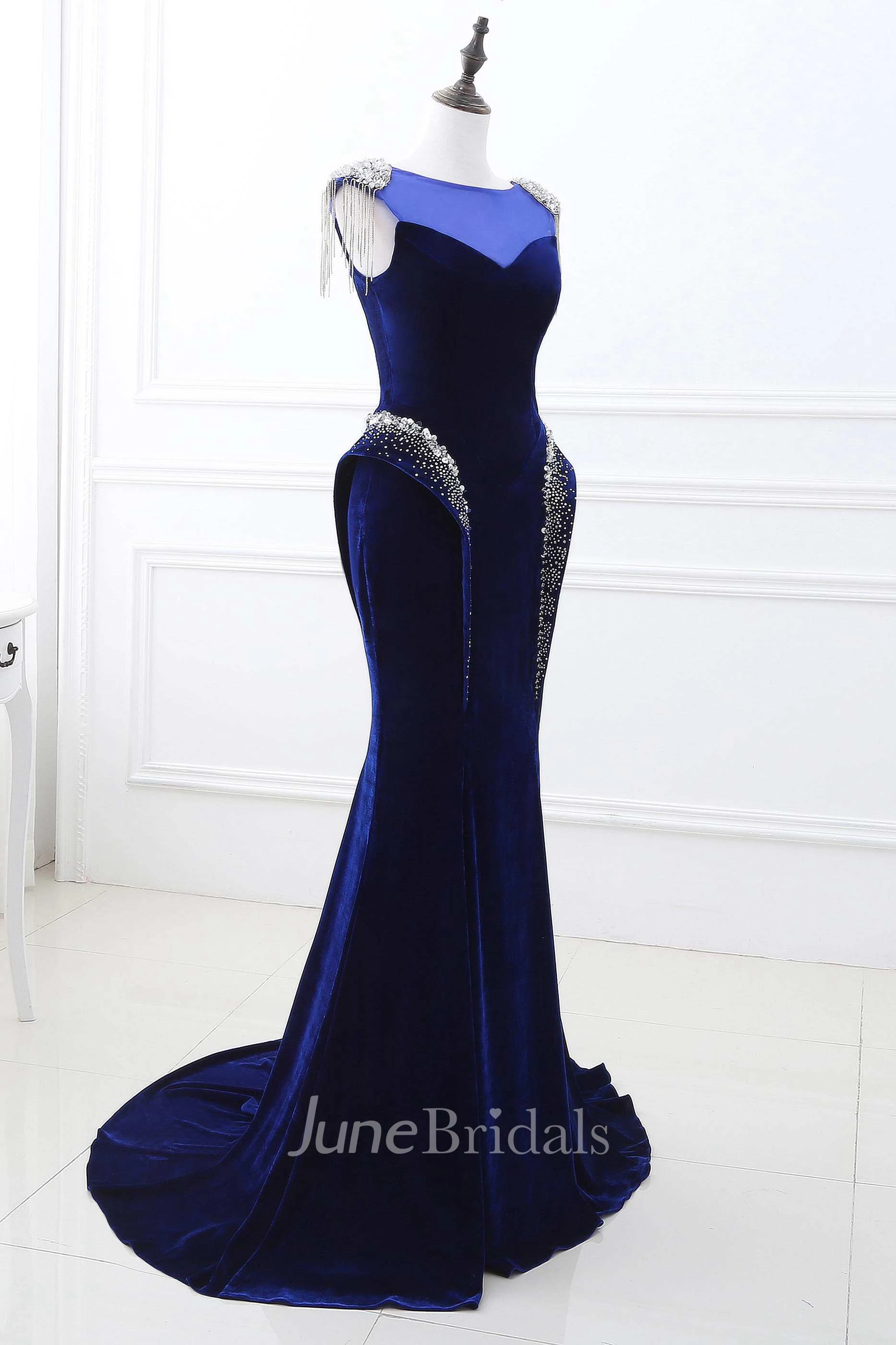 Tassel Cap Sleeve Bateau Neck Mermaid Velvet Gown