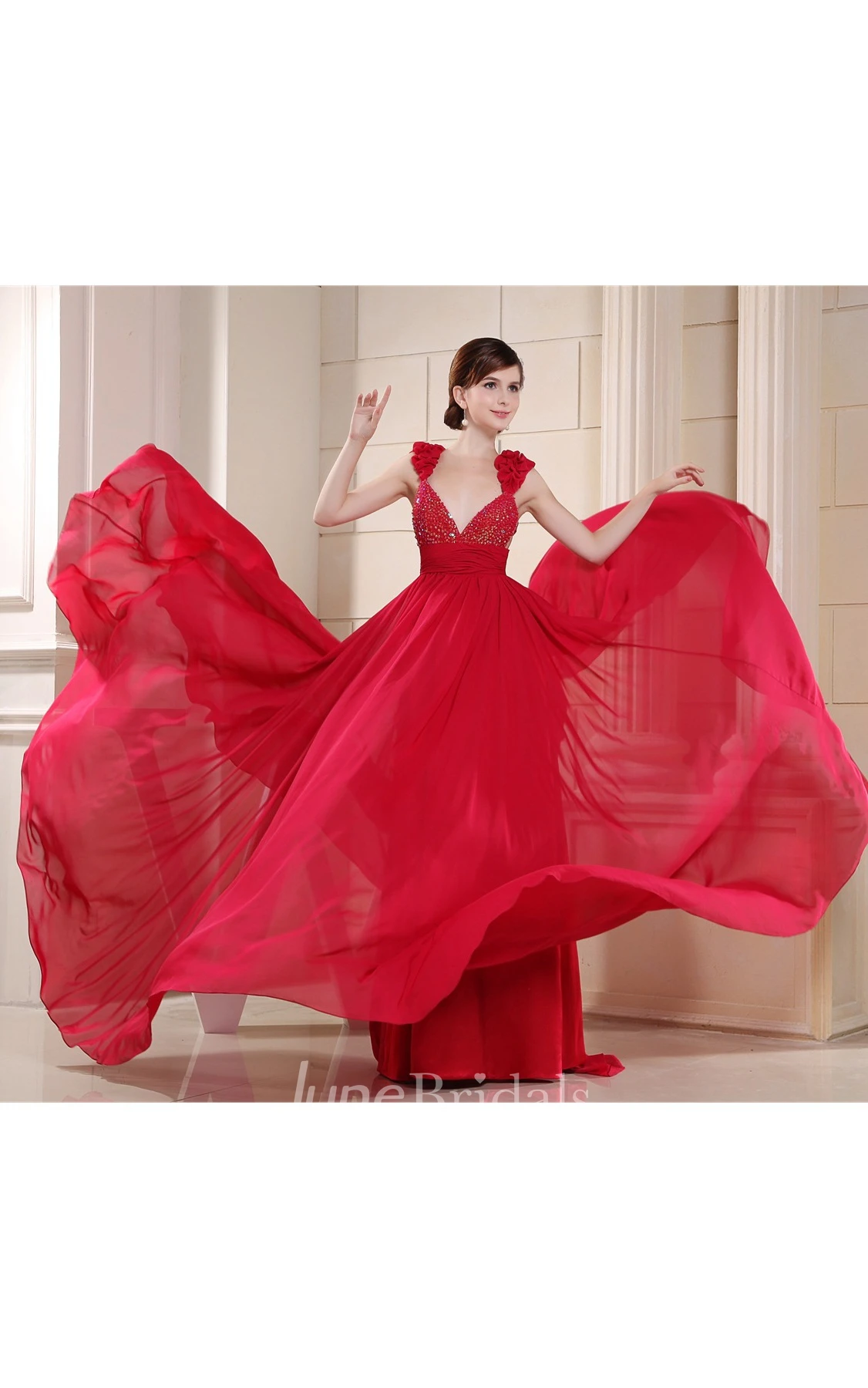 Plunged Chiffon Maxi Dress with Beading and Ruffled Straps